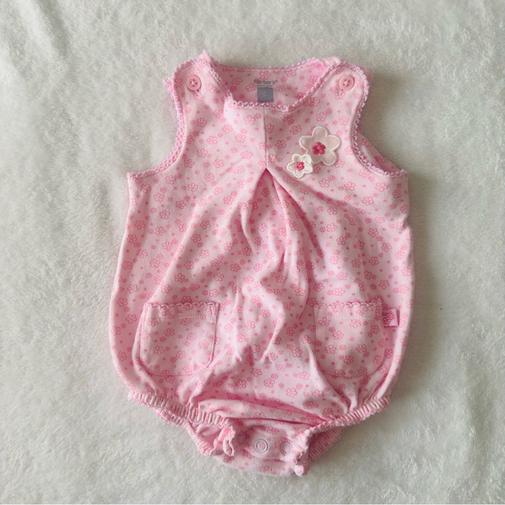 Carters Pink Floral Baby Girls Romper with Flower Applique 6 months